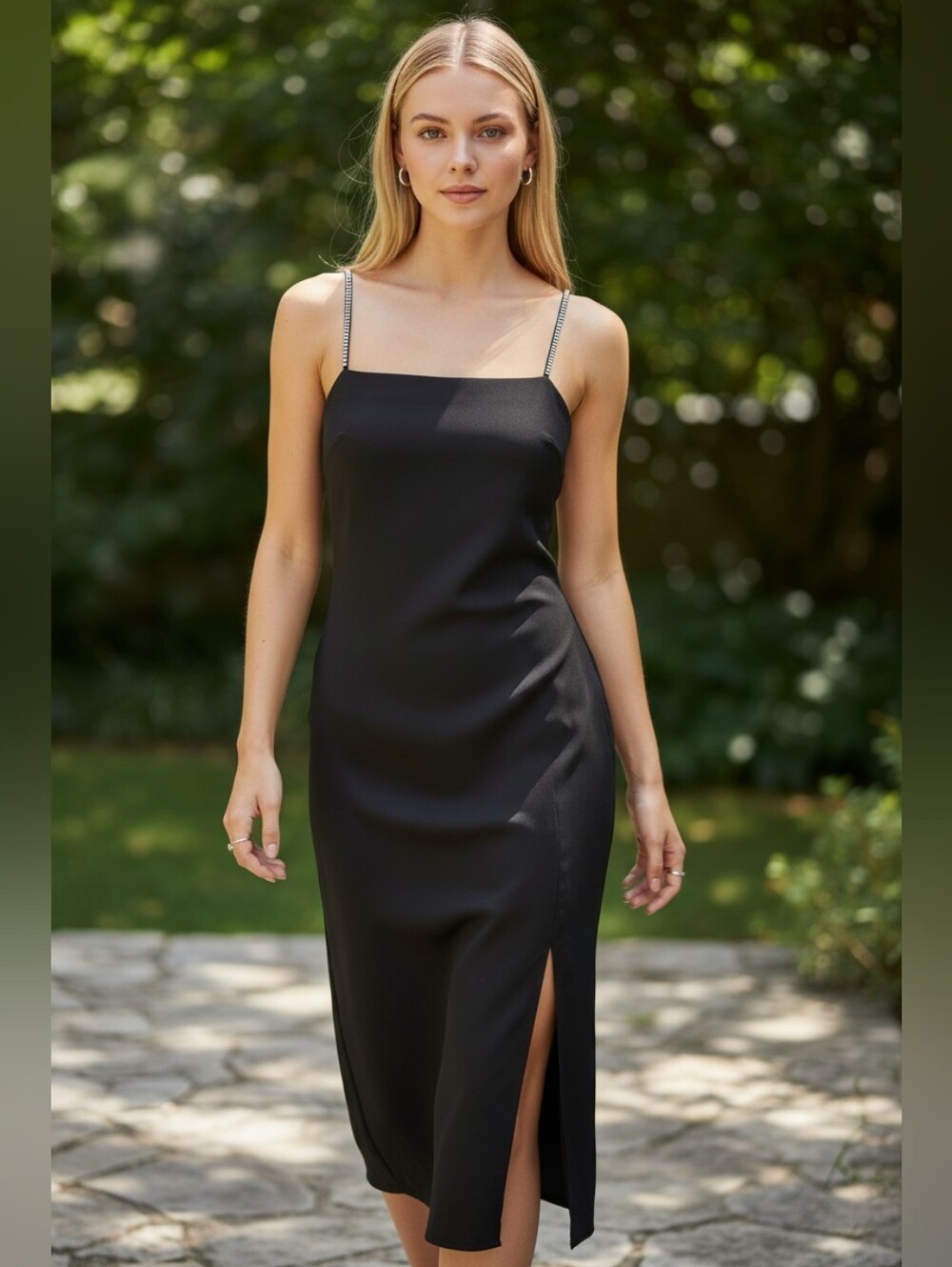 NWT Express Black Slip Cocktail Dress with Pearl Straps